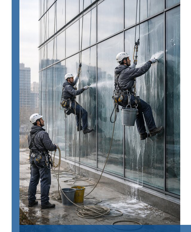 Промышленная мойка панорамных окон на высоте в Кимрах