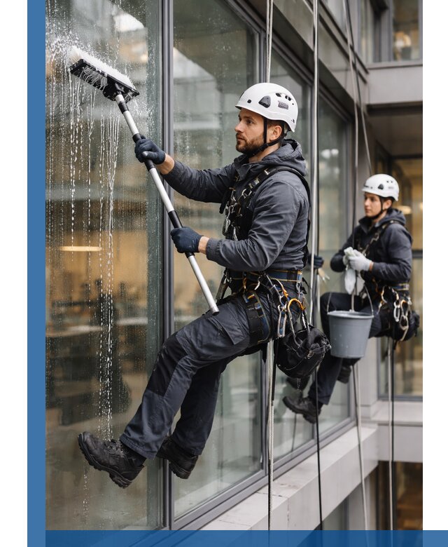 Профессиональная мойка витражей промышленными альпинистами в Кимрах