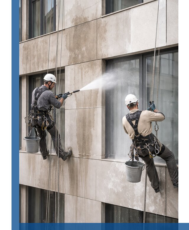 Послестроительная мойка фасада промышленным альпинизмом в Кимрах