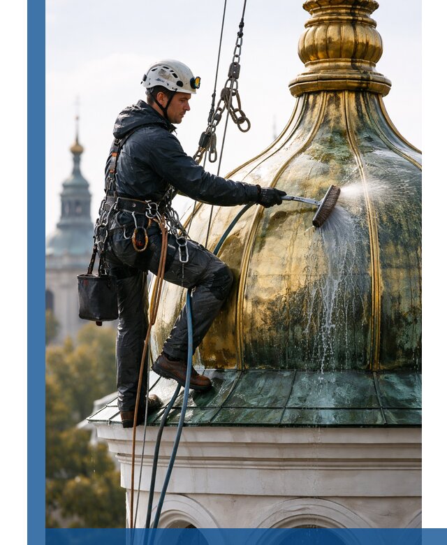 Профессиональная мойка куполов и шпилей высотными альпинистами в Кимрах