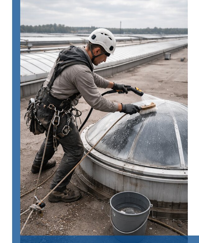 Мойка зенитных фонарей на кровле для промышленных объектов в Кимрах