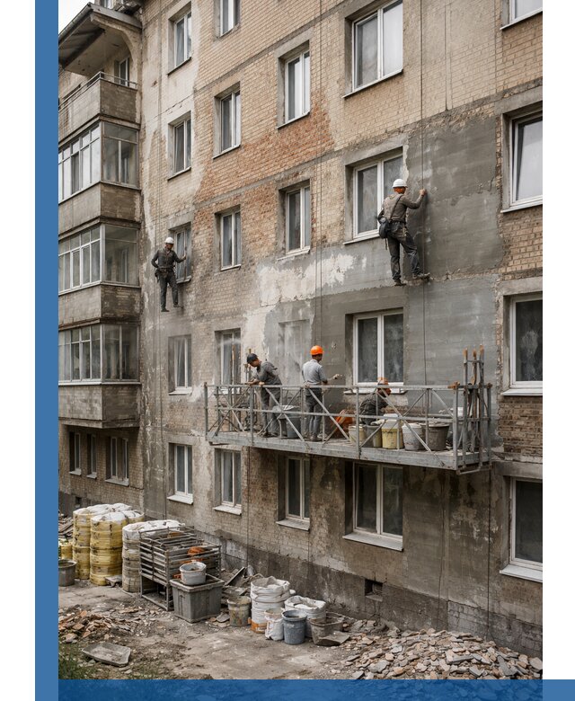 Капитальный ремонт фасада в Кимрах с восстановлением и гидроизоляцией