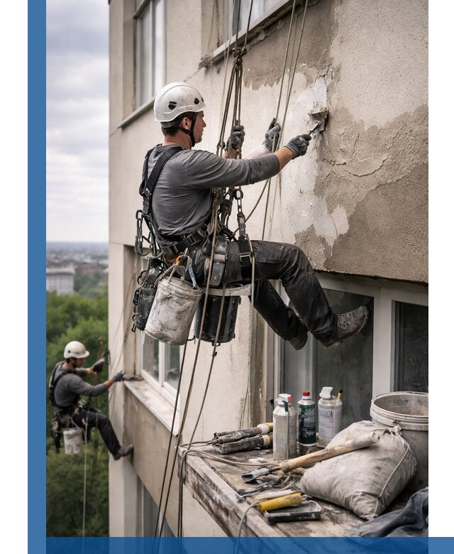Косметический ремонт фасада зданий в Кимрах промышленными альпинистами