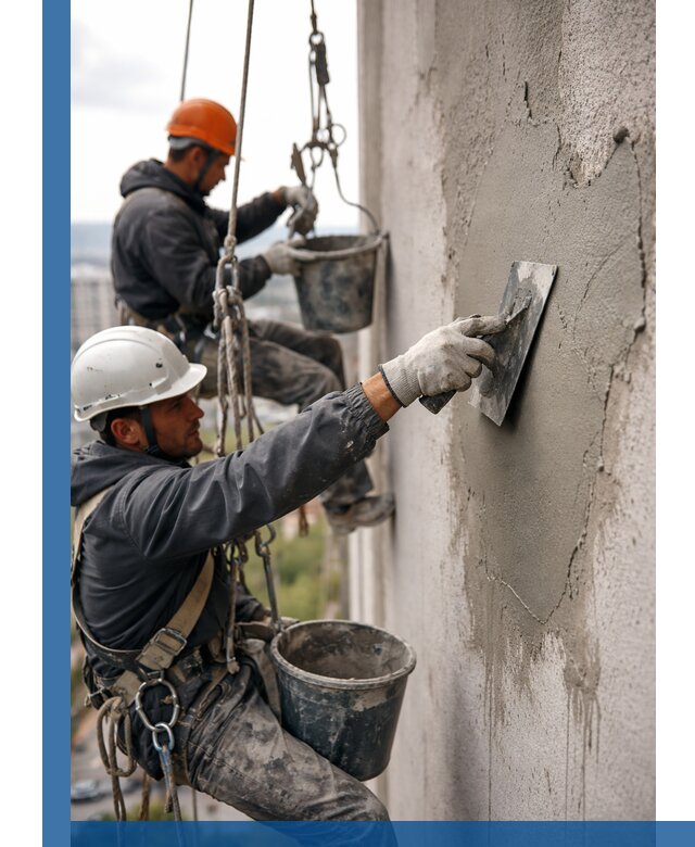 Штукатурка фасада на высоте в Кимрах профессиональные работы