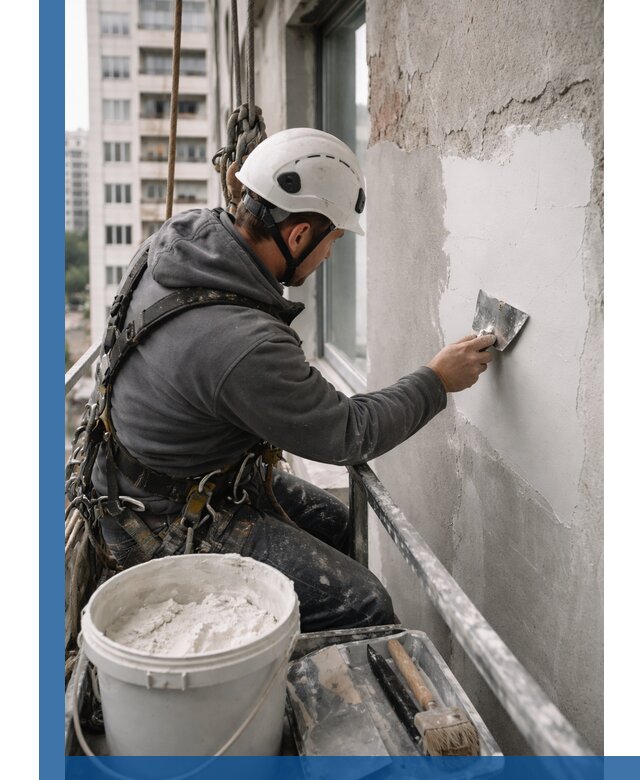 Шпаклевка фасадов на высоте с промальпинистами в Кимрах