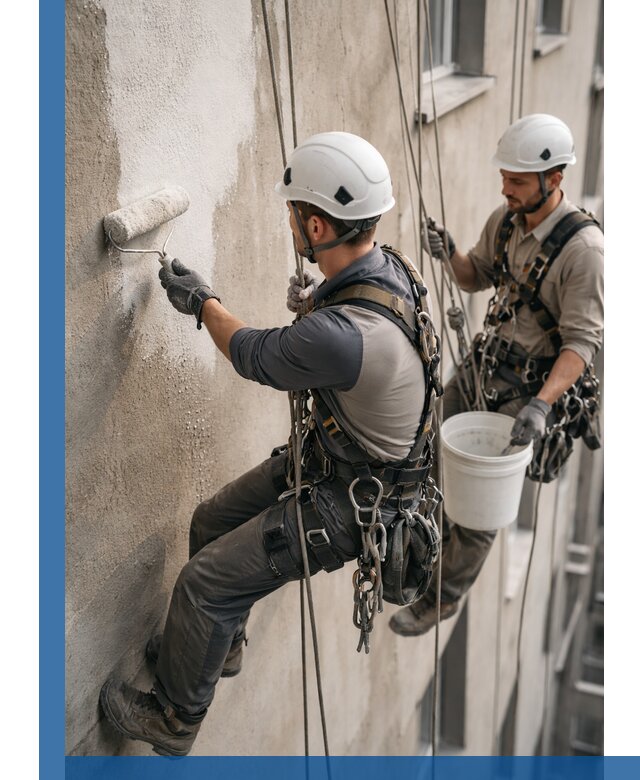 Грунтовка фасада на высоте в Кимрах промышленными альпинистами