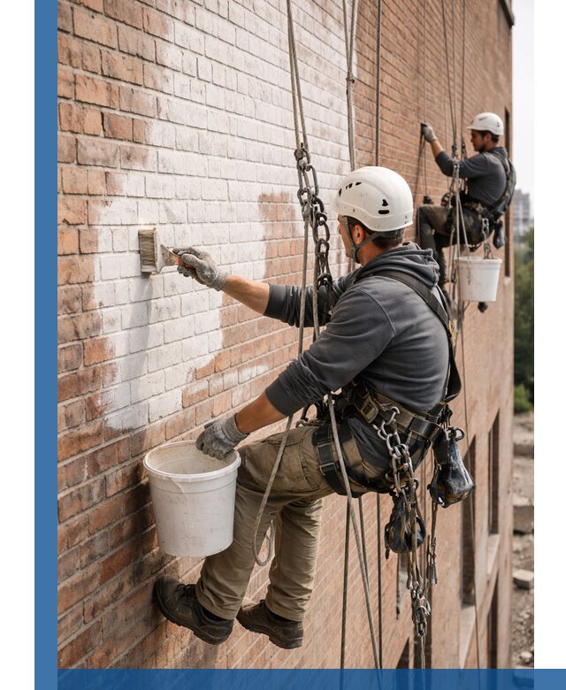 Покраска кирпичного фасада с доступным альпинистским сервисом в Кимрах