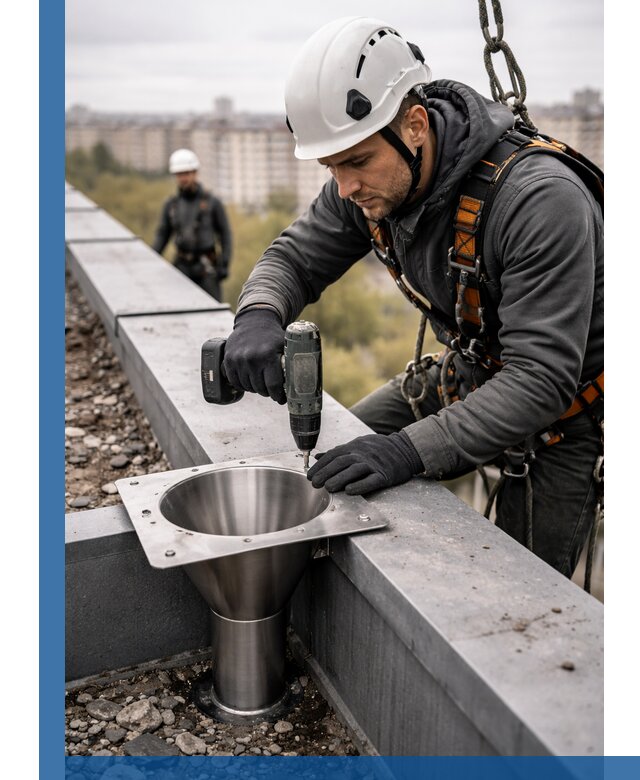 Монтаж водосточных воронок в Кимрах для промышленных зданий