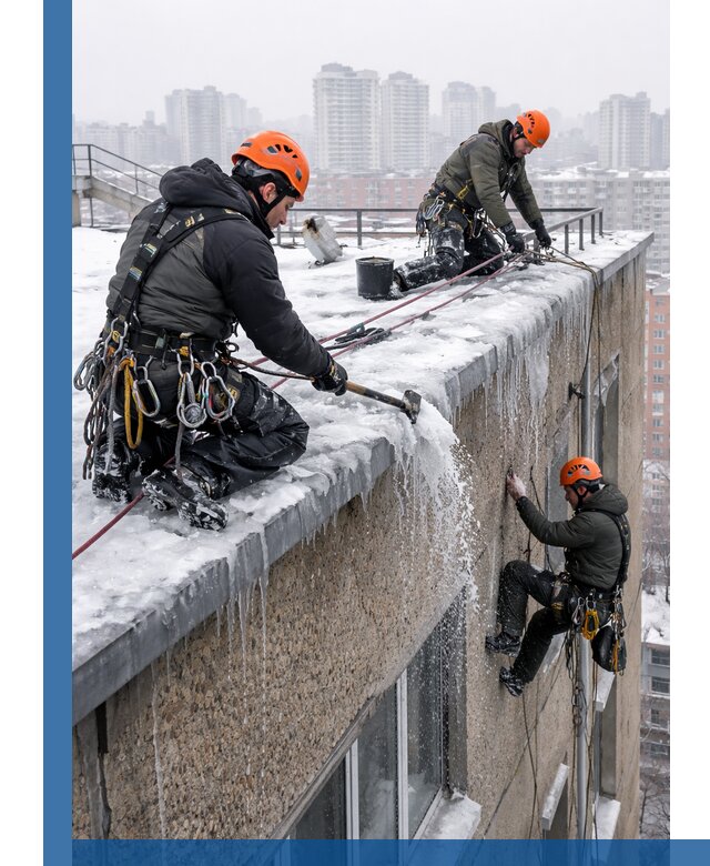 Удаление наледи с кровли в Кимрах промышленными альпинистами