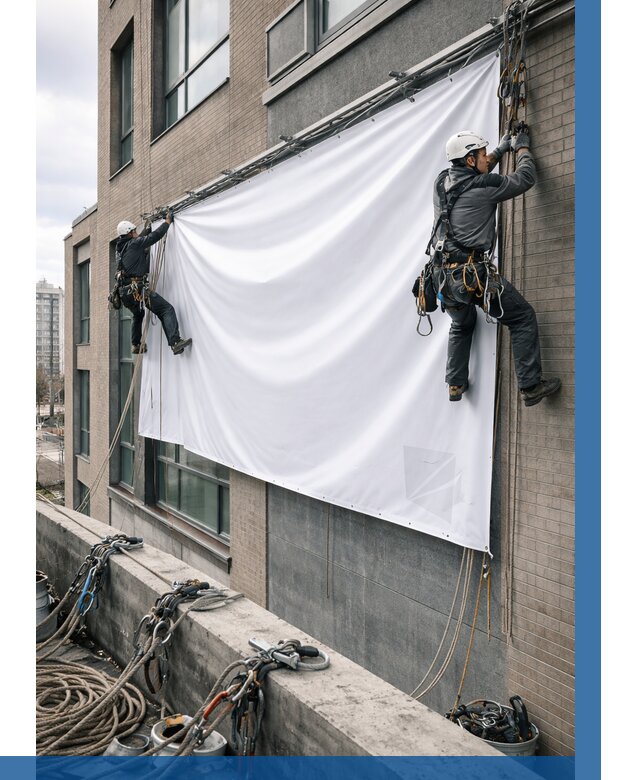 Монтаж баннеров на фасаде в Кимрах от 679 р. заказать ВЫСОТНИК-Кмы