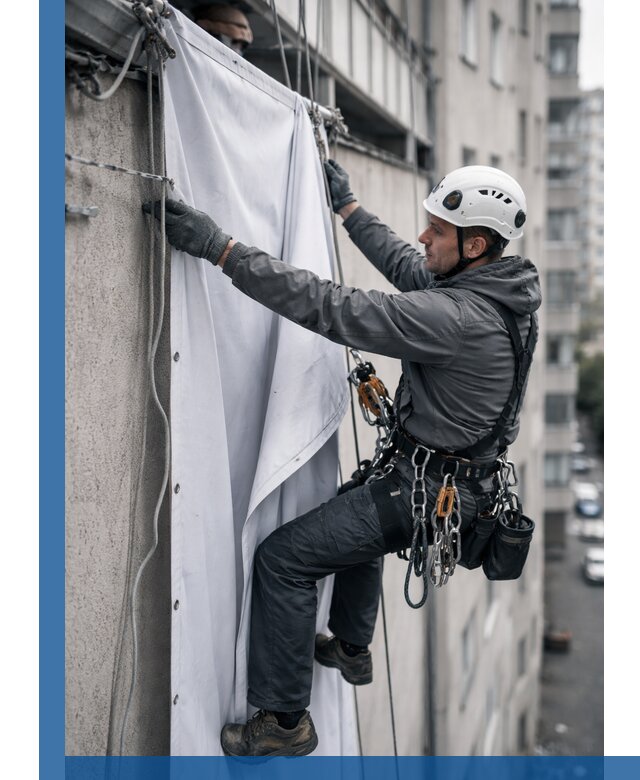 Замена баннерного полотна промышленными альпинистами в Кимрах