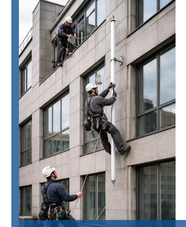 Монтаж флагштока на фасаде здания с креплением и герметикой в Кимрах