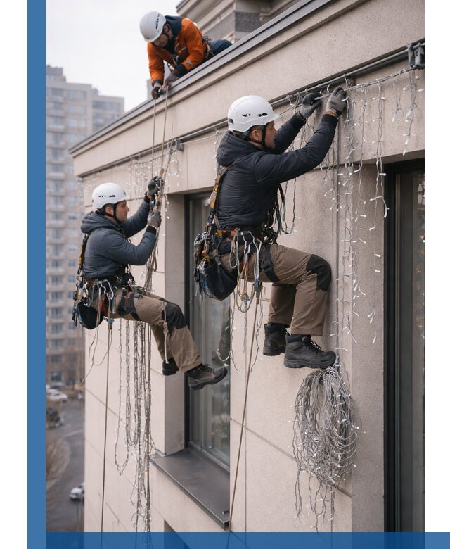 Монтаж праздничных гирлянд на фасаде в Кимрах для зданий