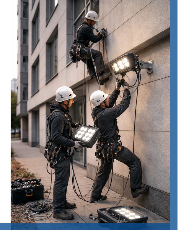 Монтаж прожекторов на фасаде в Кимрах от 7829 р. | ВЫСОТНИК-Кмы