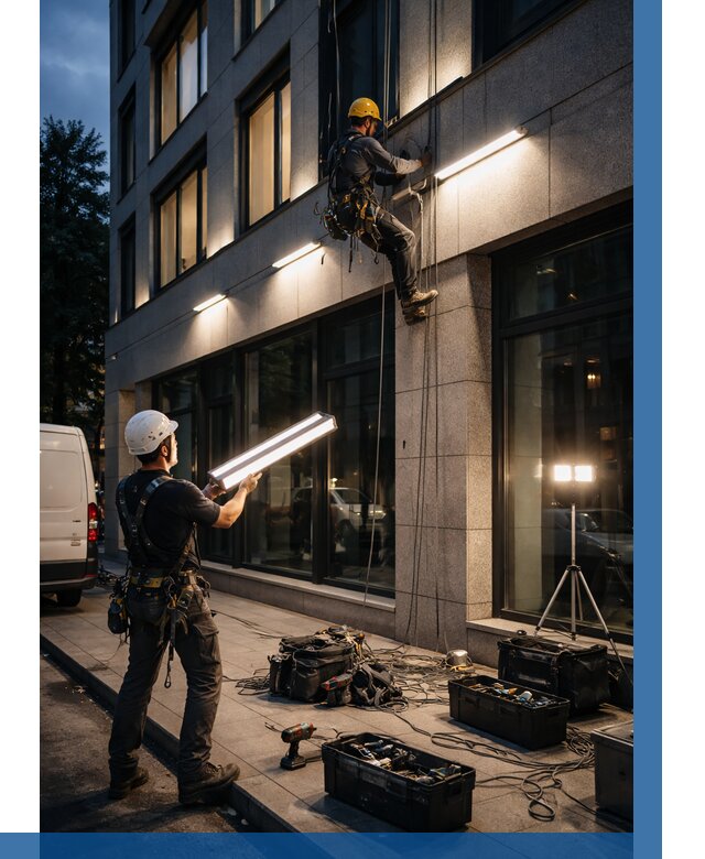 Монтаж архитектурной подсветки здания в Кимрах от 2610 р.|ВЫСОТНИК-Кмы