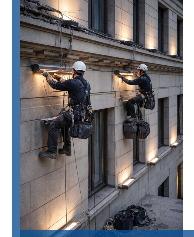 Монтаж архитектурной подсветки фасадов зданий в Кимрах