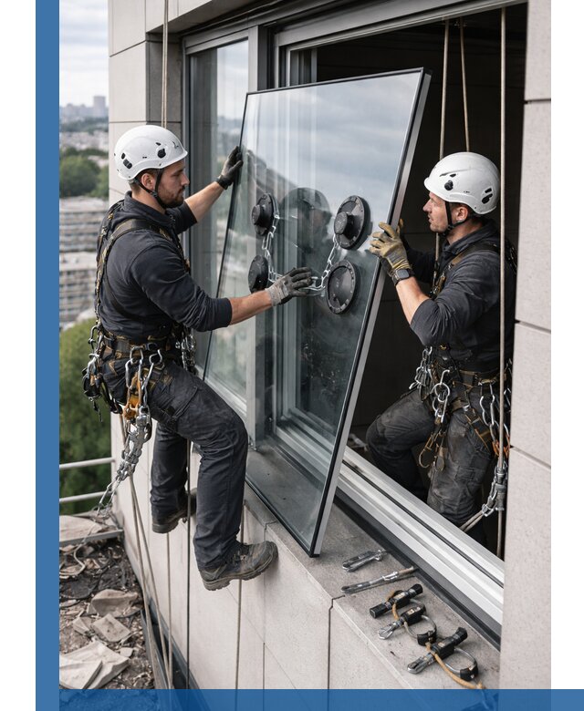 Замена стеклопакетов на высоте с промышленными альпинистами в Кимрах
