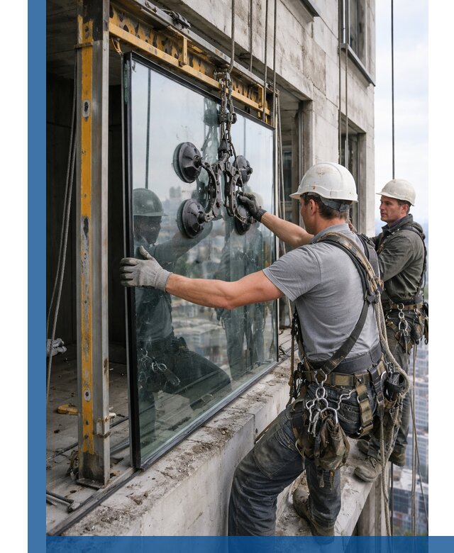 Монтаж стеклопакетов на высоте в Кимрах с промышленным альпинизмом