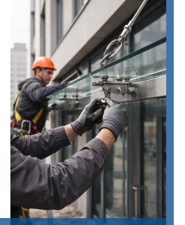 Монтаж стеклянных козырьков в Кимрах от 8873 р. | ВЫСОТНИК-Кмы