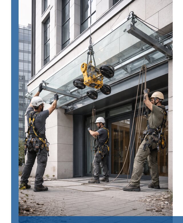 Монтаж стеклянных козырьков под ключ в Кимрах для зданий