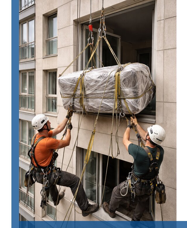 Подъем грузов через окно в Кимрах промышленными альпинистами