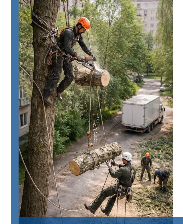 Спил деревьев альпинистами в Кимрах, безопасно и без повреждений